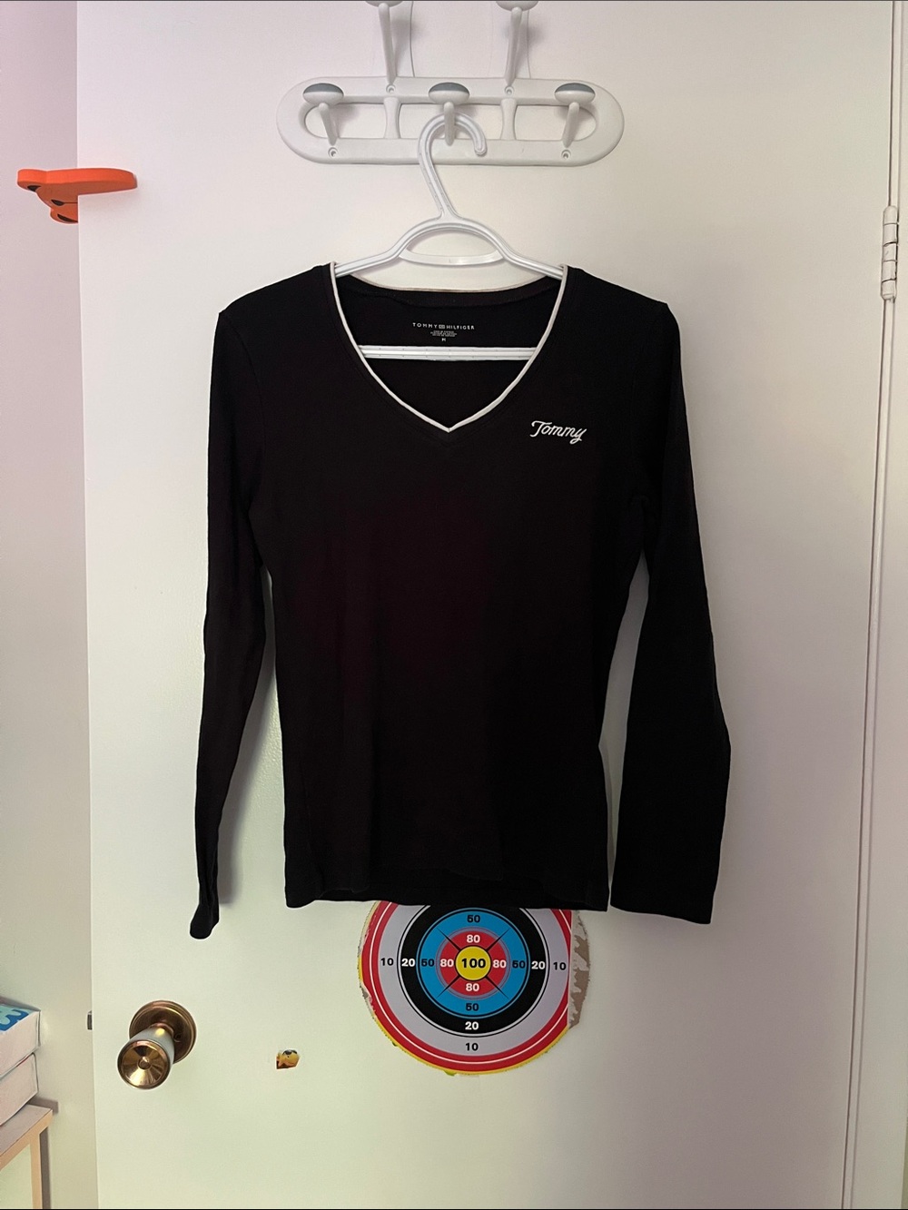 Tommy Hilfiger Black Long Sleeve V-Neck Tee with White Trim